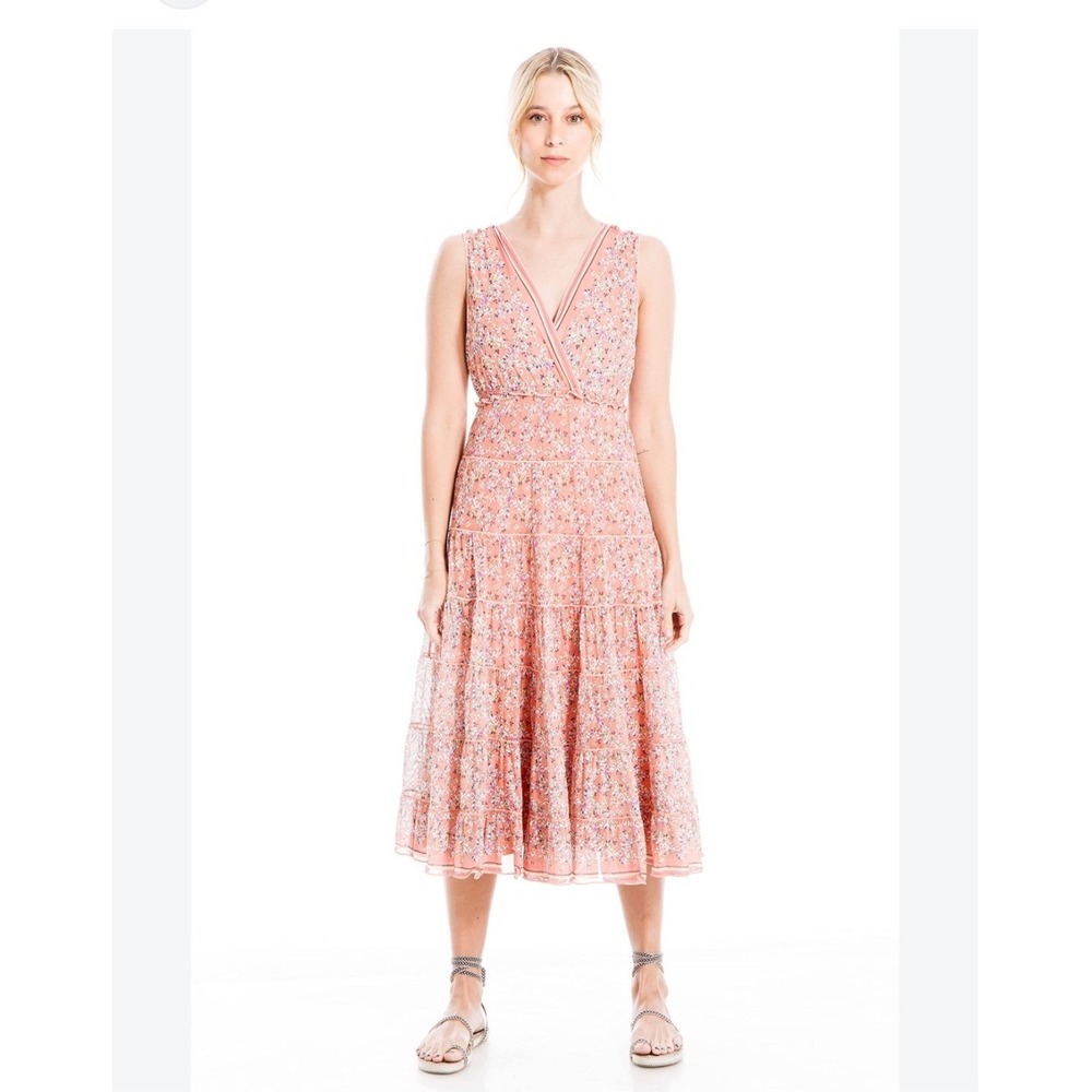 Max Studio Womens Coral Pink Floral Tiered Mesh Midi Dress Sleeveless V-Neck M